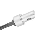 Beefy Heavy Duty Drill To Earth Auger Connector Adapter With Round Shank, metal, side view showing shank and attachment hole