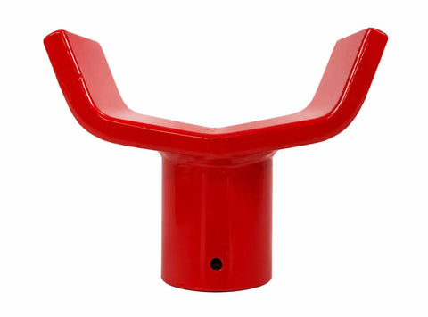 Beefy Heavy Duty 12 Ton Bottle Jack Adapter with One Quarter Inch Steel Axle Saddle, red color, front view