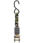 Super Solid Camo Ratchet Straps 1 Inch By 8 Feet Tie Down Cargo With Vinyl Coated S Hooks, showing a close-up of strap and hook.