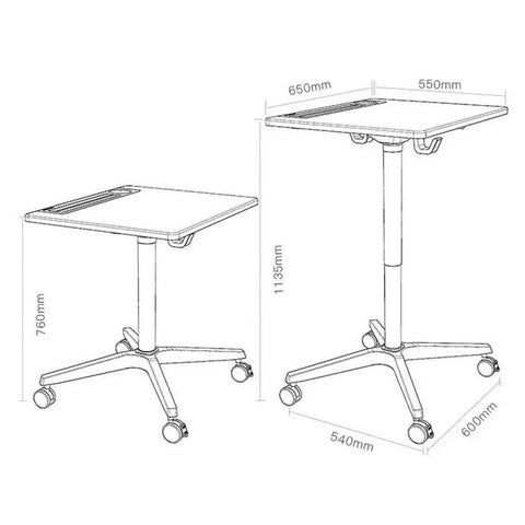 Game Changer Adjustable Lectern Podium Stand With Smooth Wheels dimensions showing 760-1135mm height and 650x550mm top.