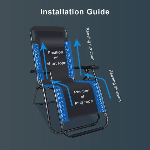 Installation guide for Heavy Duty Replacement Elastic Cords For Zero Gravity Chairs showing rope positions and reeving directions.