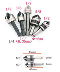 Front view of Chiloskit 5pc countersink drill bit set for wood, metal, plastic; 5-flute, 82-degree