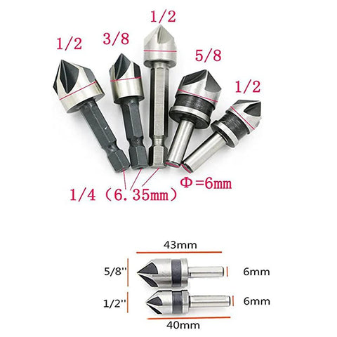 Front view of Chiloskit 5pc countersink drill bit set for wood, metal, plastic; 5-flute, 82-degree
