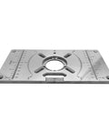 Knockout Aluminum Router Table Insert Plate for Precision Woodworking and Bench Trimming, silver finish with measurement markings.