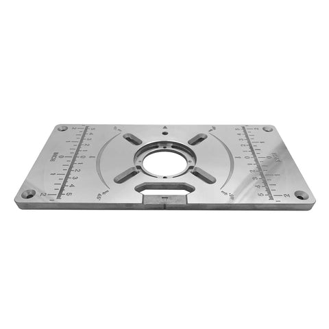 Knockout Aluminum Router Table Insert Plate for Precision Woodworking and Bench Trimming, silver finish with measurement markings.