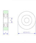 Technical drawing of Polyurethane Covered Bearing Set 6x24mm 4 Pack Shaft 6mm Urethane Shield Ball Bearings Sealed Design.