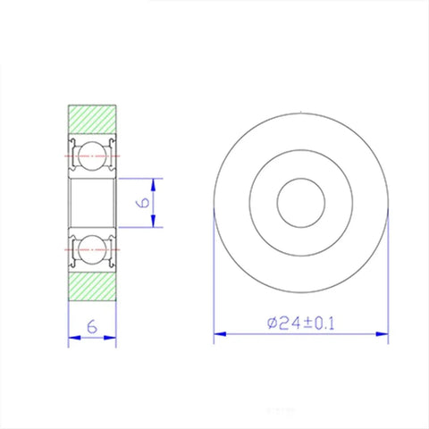 Technical drawing of Polyurethane Covered Bearing Set 6x24mm 4 Pack Shaft 6mm Urethane Shield Ball Bearings Sealed Design.