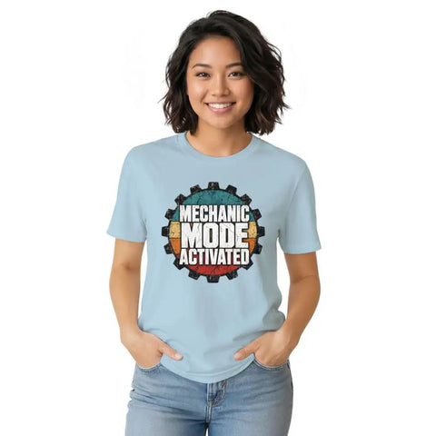 Cool Retro Mechanical Engineer T-Shirt For Real Gearheads And DIY Pros With Vintage Garage Typography Design, worn by a woman.