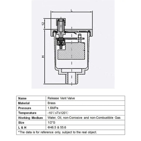 Diagram of Brass Automatic Float Valve Kit With 3/4 NPT Air Bleeder Release Vent Valve Pipe Fitting Connector and specifications.