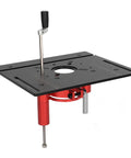 Heavy Duty Manual Router Lift Kit For Precision Woodworking And Home Shop Creations With Zero Sweat Crank Height Adjustment and Rock Solid Clamping Base in black.
