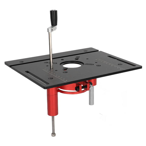 Heavy Duty Router Table Insert Plate With Manual Crank Lift Kit Dead Nuts Secure Clamping Base For Easy Power Tool Woodworking Trimming And Workbench Upgrades Black view from above showing steel and aluminum construction with crank lift.