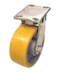 Heavy Duty Swivel Plate Caster Packing Kingpinless Design And 3950 Lb Load Rating With A Built To Take A Beating Cast Iron Core Delivering Smooth Gliding Non Marking Polyurethane Treads For Tough Job Site Runs mounted on a steel plate.