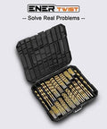 Front view of ENERTWIST 230-piece titanium-coated HSS drill bit set in a black plastic case.