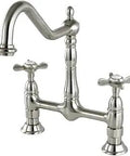 Brushed Nickel Centerset Kitchen Faucet Sprayer Not Included, 8 Inch Centerset, Victorian Style, shown with dual handles