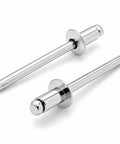 Top Shelf Aluminum Blind Pop Rivets Heavy Duty Fastener Pack Delivers Knockout Hold For Car Panels Garage Mods And Fence Repairs With 3/16 Inch Diameter And 1/8 Inch Grip Range Inside A Handy 100 Piece Tin Perfect For Any DIY Hustle Ready To Go - Close-up view of shiny aluminum blind pop rivets.