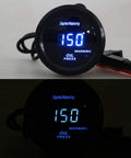 Front view of Dyn Racing 52mm oil pressure gauge with blue LED digital display showing 150 PSI and sensor.