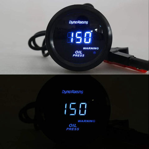 Front view of Dyn Racing 52mm oil pressure gauge with blue LED digital display showing 150 PSI and sensor.