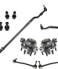 Top Shelf Front Steering And Suspension Repair Kit Featuring Zero Hassle Wheel Bearings Tie Rods And Sway Bar End Links Built Like A Tank For Ford Excursion components including tie rods and bearings on white background.
