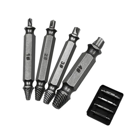Super Cool 4 Piece Stripped Screw Extractor Kit That Lets You Bust Out Tough Damaged Bolts Fast With Any Drill And Make House Construction Work A Total Breeze. 4-piece steel extractor set in case