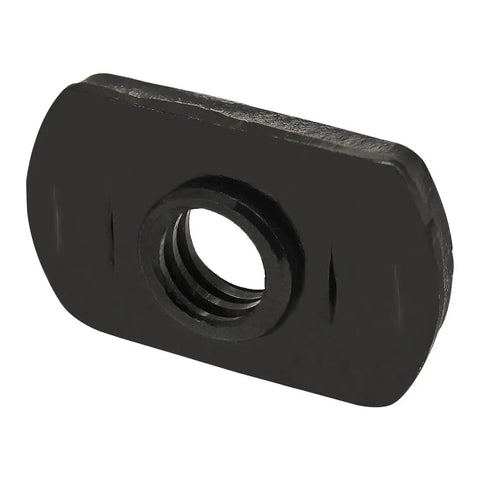 Close-up of Steel 1/4-20 Centered Slide In T Nuts for 1.5 Inch Aluminum Extrusions 15 Series Black Zinc Finish Economy Hardware