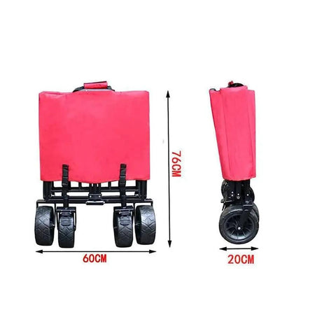 Folded Workhorse Folding Wagon Cart With Removable Canopy, Four Wheel Push Pull Hand Cart, red cover, black wheels.
