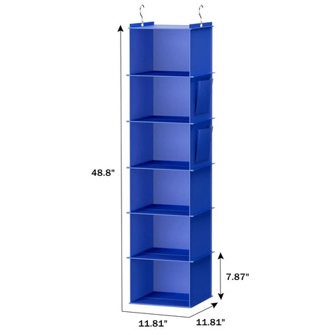 Hanging Closet Organizer With Six Shelves In Blue, Space Saving Hanging Storage Unit For Clothes And Accessories, Durable Nonwoven Fabric With Bamboo Inserts, shown with dimensions.