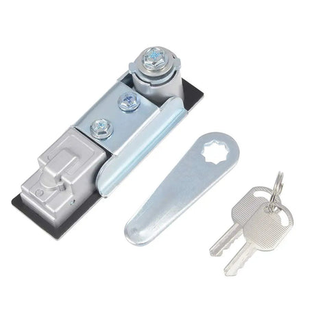 Heavy Duty Electric Cabinet Cam Lock With Push Button And Keys For 3mm Thick Panels, Chrome Plated Zinc Alloy Body, accessories shown