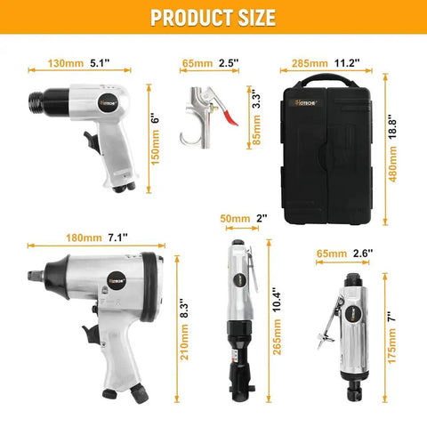 Killer 71 Piece Air Tool Set Featuring Badass 1/2 Inch Single Hammer Impact Wrench dimensions displayed with measurements.