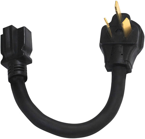 Heavy Duty Stove Power Converter Cord Adapting 240 Volt Nema 10 50 High Voltage Plug To Standard 120 Volt Home Outlet close-up view of plug end.