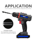 Cordless drill with 10-piece 1/4 in carbide tile drill bits set; black/red body with blue JDD logo and battery.