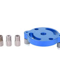 Heavy Duty Aluminum Wood Panel Hole Puncher With Ridiculously Precise Center Punching Gauge For Creating Dead On Layouts During Fine Precision Drilling Or Shop Projects, includes blue base and metal sleeves.