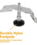 Heavy Duty Adjustable Corner Leveling Feet 4 Pack With Tough Nylon Pads And Precision M10 Bolts, showing durable nylon footpad and metal bracket.