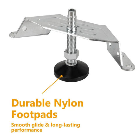 Heavy Duty Adjustable Corner Leveling Feet 4 Pack With Tough Nylon Pads And Precision M10 Bolts, showing durable nylon footpad and metal bracket.