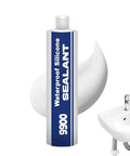 Premium 9900 Waterproof Sealant Glue Provides Ultra Strong Multi Surface Adhesion For All Your Diy Needs With Durable Polymer Formula That Locks Out Moisture And Shields Joints From Harsh Weather Conditions Over Time in a bottle standing beside a bathroom sink.