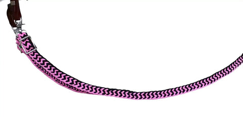 Roping Knotted Horse Tack Western Barrel Reins Nylon Braided Non Slip Grip Pink Black 60706, close-up of nylon braid