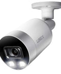 Indoor Outdoor 4K Ultra HD Smart Deterrence IP Security Bullet Camera With 150ft IR Night Vision And Color Night Vision Built In Audio PoE Ready Easy Install Camera Only No Cable Renewed, close-up view showing lens and LED lights.