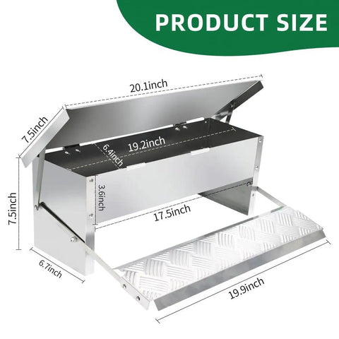Automatic Treadle Chicken Feeder For Smart Backyard Flocks 11 Pound Capacity dimensions with lid open and step plate visible.