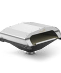 Wood Fired Pizza Oven Attachment For Pellet Grills Turns Your Grill Into A Pizza Night Upgrade With A 13 Inch Square Stone Heat Ring And Adjustable Depth Plate For Traeger Pit Boss Camp Chef And More, shown in stainless steel with stone and adjustable plate.