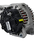 OE Replacement Alternator With Pulley For Hyundai Sonata 2.4L Tucson 2.0L To 2.4L Kia Forte Sedan 2.0L Optima 2.4L Sportage 2.4L With Electric Power Steering Direct Fit Interchange 373002G400 Plug And Play 2 Year Limited Warranty. Image showing the front side of the alternator unit.