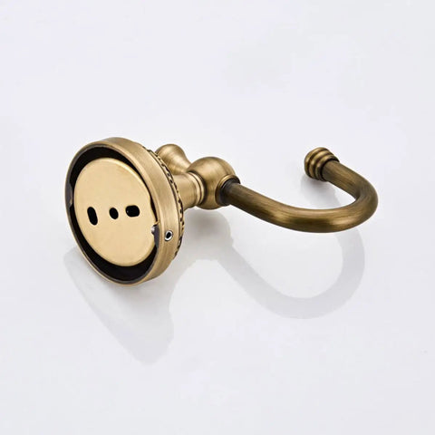 Robust Antique Brass Wall Mounted Coat Hook Single Rustic Hat Rack Fits Kitchen Entryway Or Bathroom Elegant Purse Hanger Rock Solid For Tight Spaces Daily, side view with details.