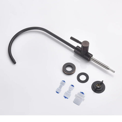 Real Deal Oil Rubbed Bronze Drinking Water Faucet For Reverse Osmosis Systems With Non Air Gap Design And Lead Free 304 Stainless Steel Construction parts including swivel neck and quick connects.