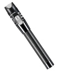 Angled front view of Visual Fault Locator fiber optic pen light with knurled metal grip and switch