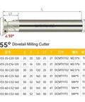 55° dovetail milling cutter, HSS end mill; diameters 25–80 mm with dimension diagram and size table