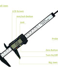 0 To 6 Inch Digital Caliper With Large LCD Screen And Auto Off showing features and measurement in inches