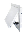 Top Tier 16 By 32 Inch Galvanized Steel Access Panel With A Slick Push To Open Track For No Sweat Drywall And Ceiling Pipe Fixes In Crisp White, angled view.