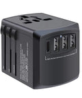 Worldwide Travel Power Adapter With 4 Retractable Plugs, 3 USB Ports And USB C, All in One Global Converter, black compact design