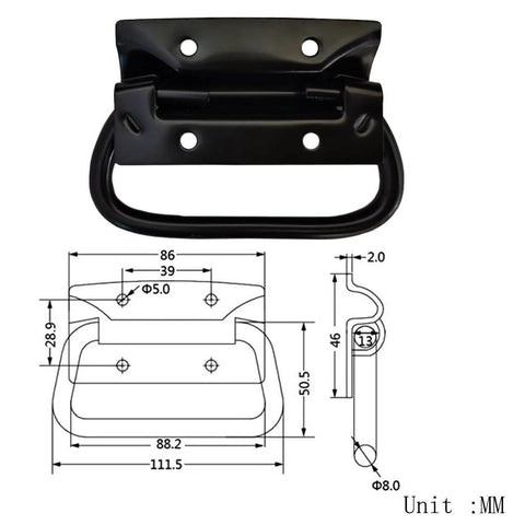 Black Iron Aviation And Transport Box Handles 2 Pack With Screws Included, chest handle diagram and dimensions, black iron finish