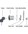 Exploded view of Chrome Finish Cam Lock Kit For Cabinets And Drawers, including keys, main body, and hardware components.