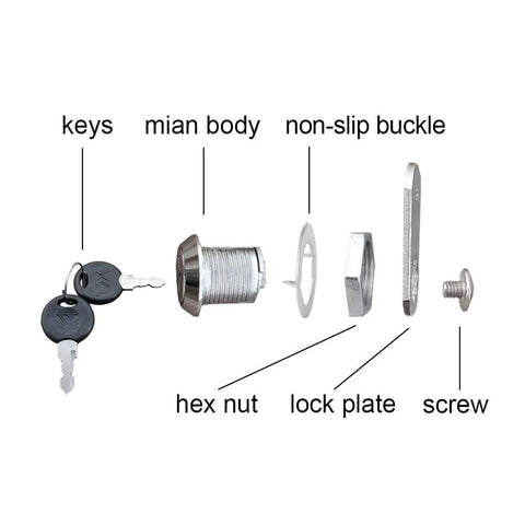 Exploded view of Chrome Finish Cam Lock Kit For Cabinets And Drawers, including keys, main body, and hardware components.