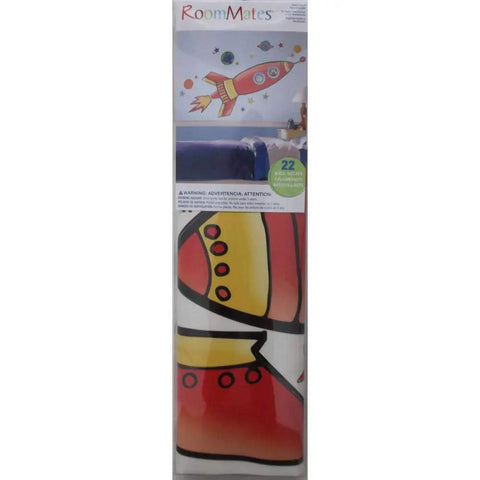 Product packaging of Rocket Giant Peel And Stick Wall Decals With Growth Chart Included For Kids Room Makeover Removable And Repositionable Easy To Apply On Any Smooth Surface Made In Usa showing rocket design.